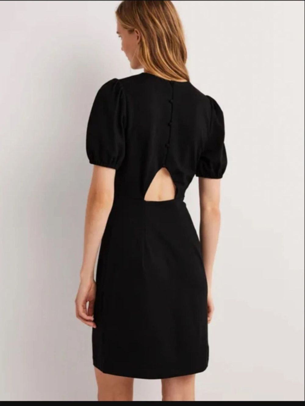 Boden Cut Out Jersey Mini Dress Black Women’s Back Button Size 8R - Picture 2 of 13